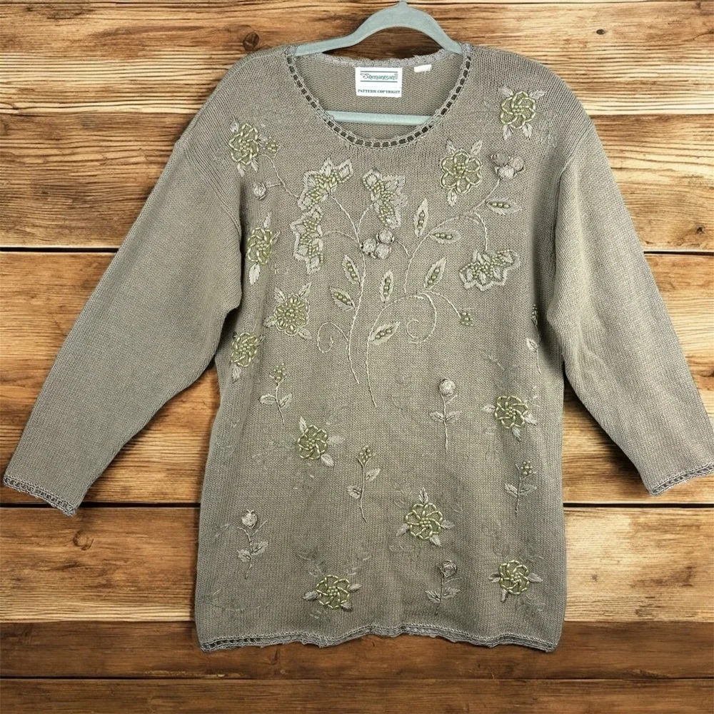Vintage Shenanigans Embroidered and Beaded Beige Crocheted Sweater L - Picture 1 of 11